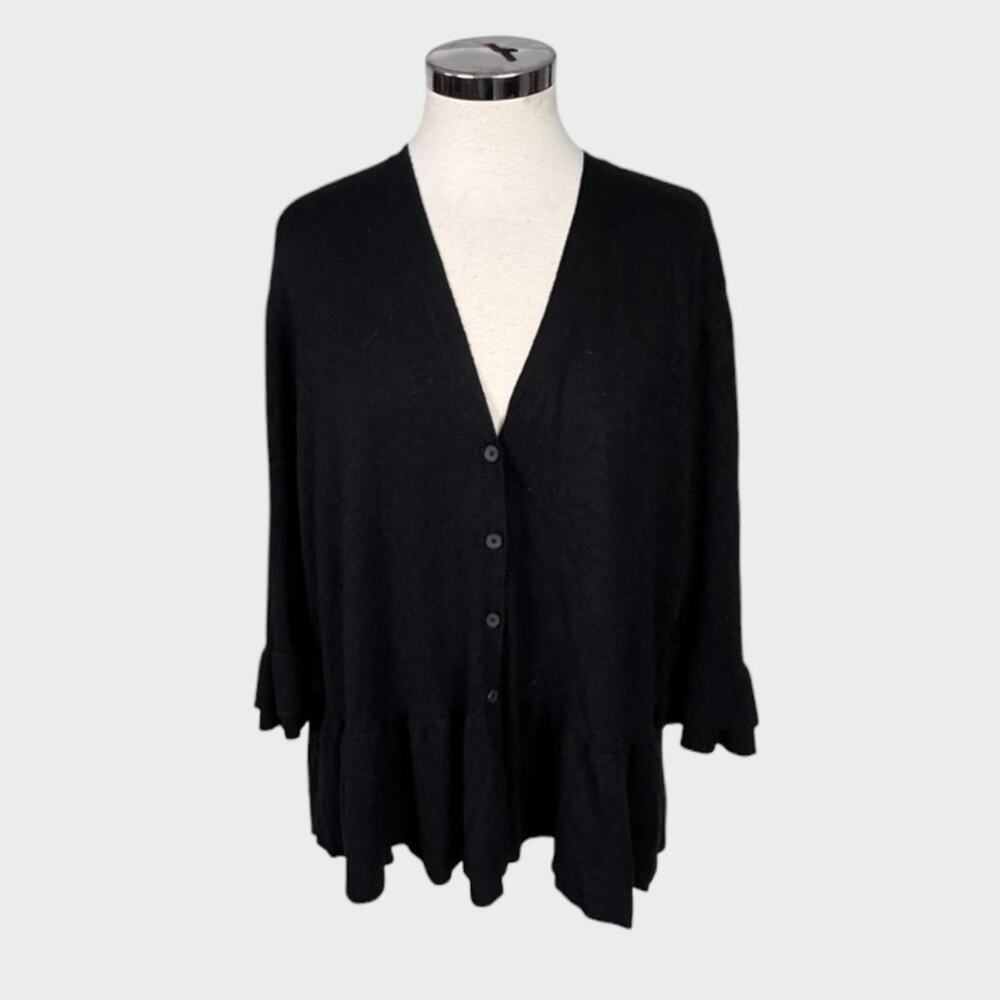 Lane Bryant 14/16 Black V Neck Button Front Light Sweater Bell 3/4 Sleeve